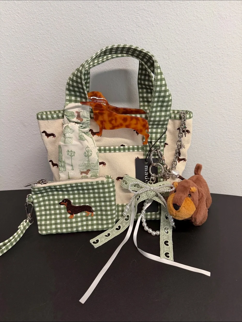 Madden Girl | Green Gingham Dachshund Canvas Tote | Wristlet, Bag Charms & More